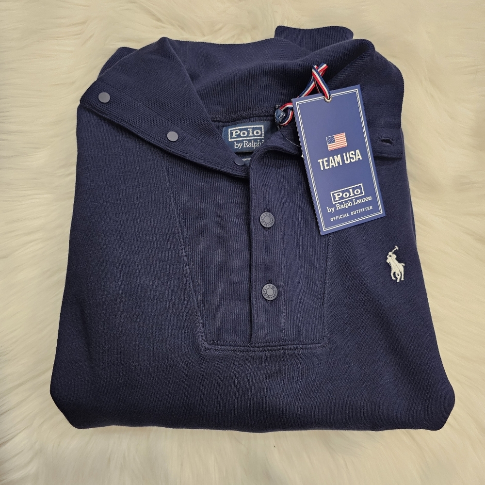 NWT Polo Ralph Lauren Team USA Fleece Buttoned Mockneck Sweatshirt Navy M - Picture 4 of 6